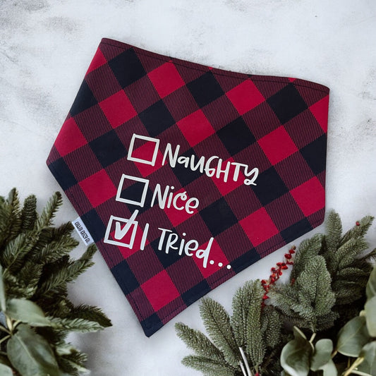 Naughty or Nice Reversible Buffalo Plaid Snap On Bandana