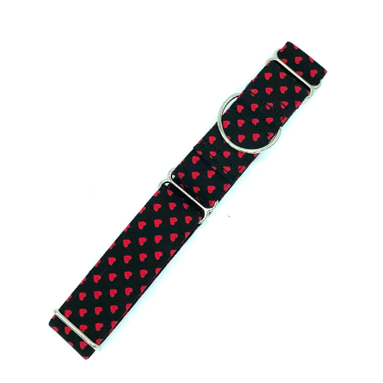 Black and Red Hearts Dog Collar - Martingale or Buckle Style - Embroidery Available