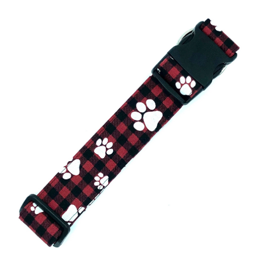 Buffalo Plaid Check with White Paws Dog Collar - Martingale or Buckle Style - Embroidery Available