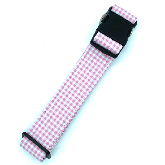 Pink and White Gingham Dog Collar - Martingale or Buckle Style - Embroidery Available