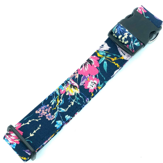 Navy Floral Dog Collar - Martingale or Buckle Style - Embroidery Available