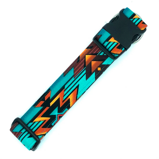 Orange and Teal Aztec Dog Collar - Martingale or Buckle Style - Embroidery Available