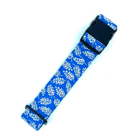 Blue Leaves Dog Collar - Martingale or Buckle Style - Embroidery Available