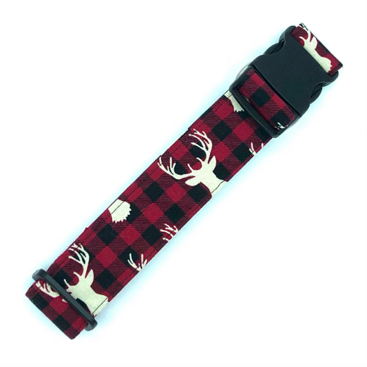 Buffalo Plaid Deer Head Dog Collar - Martingale or Buckle Style - Embroidery Available