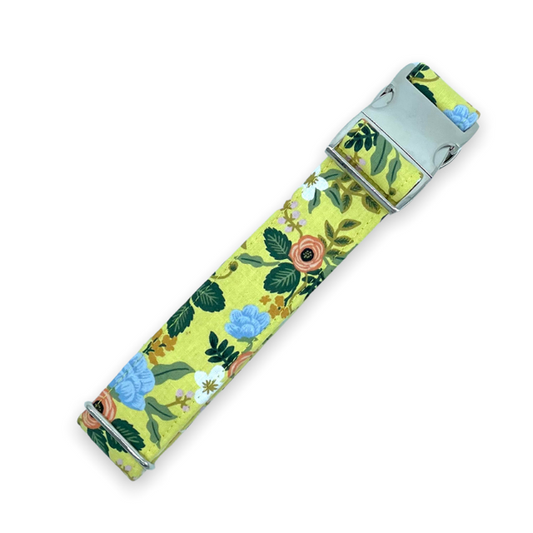 Yellow Floral Dog Collar - Martingale or Buckle Style - Embroidery Available