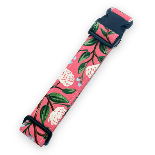 Pink Peony Dog Collar - Martingale or Buckle Style - Embroidery Available